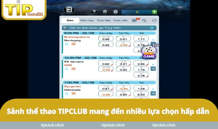 Sảnh thể thao TIPCLUB mang đến nhiều lựa chọn hấp dẫn